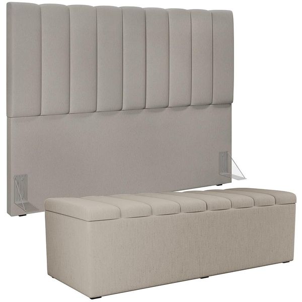 Kit Cabeceira Cama Box Casal Queen 160cm Com Calçadeira Baú Dália W01 Linho Bege - Lyam Decor