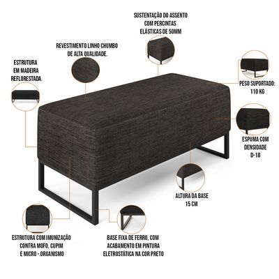 Puff Decorativo Para Sala de Estar Cléo W01 Base de Ferro 90 cm Linho Chumbo - Lyam Decor