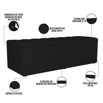 Kit Cabeceira Cama Box Casal Queen 160cm Com Calçadeira Baú Dália W01 Suede Preto - Lyam Decor