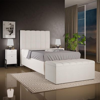 Kit Cabeceira Cama Box Solteiro 100cm Calçadeira Recamier Baú Dália W01 Linho Champagne - Lyam Decor