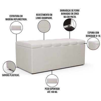 Kit Cabeceira Cama Box Solteiro 100cm Calçadeira Recamier Baú Dália W01 Linho Champagne - Lyam Decor