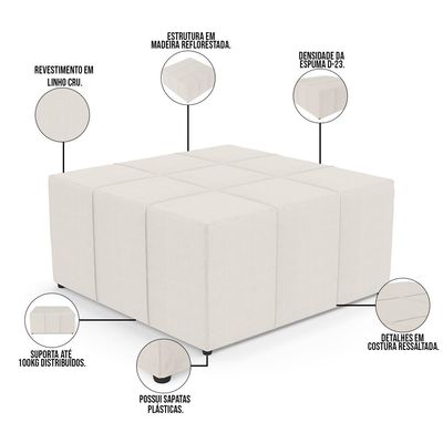 Kit 02 Puffs Decorativos Para Sala de Estar Quadrado Milano 90x90cm W01 Linho Cru - Lyam Decor