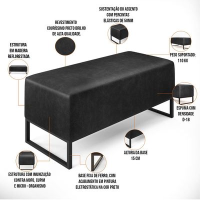 Kit 02 Puff Decorativo Sala Estar Cléo W01 Base de Ferro 90cm Couríssimo Preto Brilho - Lyam Decor