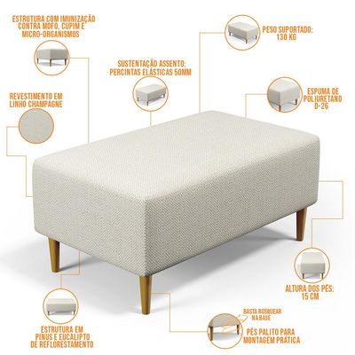 Kit 02 Puffs Decorativo Sala de Estar Cléo W01 Pés Palito 90 cm Linho Champagne - Lyam Decor