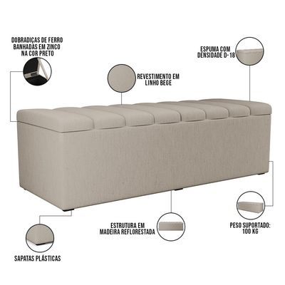 Calçadeira Recamier Baú Para Cama De Casal Queen Dália 195x50 cm W01 Linho Bege - Lyam