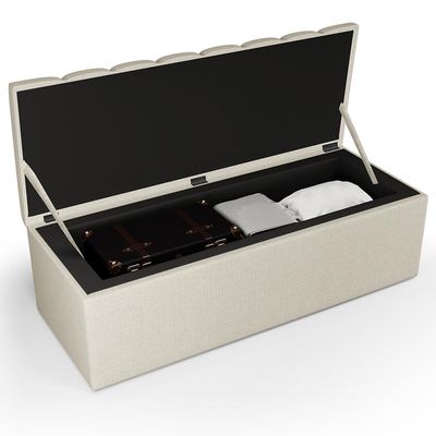 Calçadeira Recamier Baú Para Cama De Casal King Dália 195x50 cm W01 Linho Champagne - Lyam