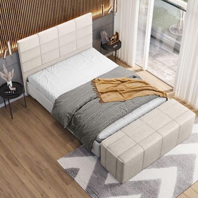 Kit Cabeceira Cama Box Queen 160cm com Calçadeira Roma W01 Linho Cru - Lyam