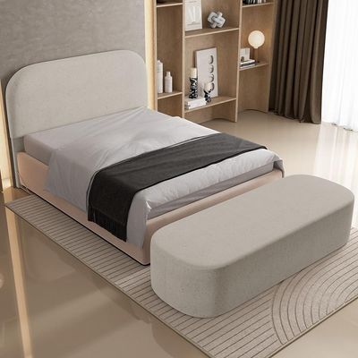 Cabeceira Cama Box Casal 140cm Lanna com Puff Recamier Doha W01 Linho Bege - Lyam Decor