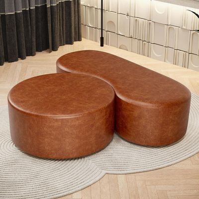 Kit Puff Redondo Lola e Puff Recamier Orgânico Orbit W01 Couríssimo Camel - Lyam Decor