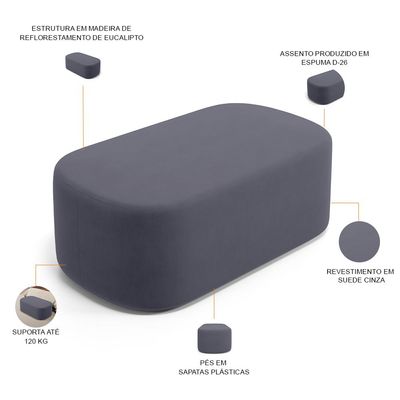 Puff Decorativo Orgânico Para Living Quarto 100cm Doha W01 Suede Cinza - Lyam Decor