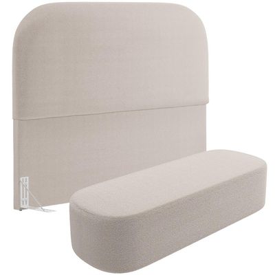 Cabeceira Cama Box King 195cm Lanna com Puff Recamier Doha W01 Bouclê Creme - Lyam Decor