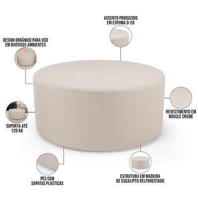 Puff Redondo Orgânico para Living 90cm Lola W01 Bouclê Creme - Lyam Decor