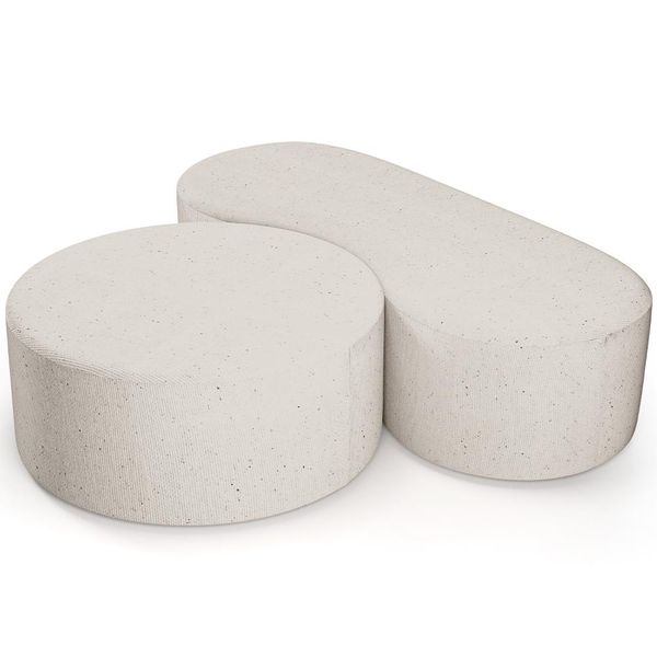 Kit Puff Redondo Lola e Puff Recamier Orgânico Orbit W01 Linho Cru - Lyam Decor