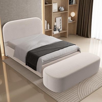 Cabeceira Cama Box Casal 140cm Lanna com Puff Recamier Doha W01 Bouclê Creme - Lyam Decor