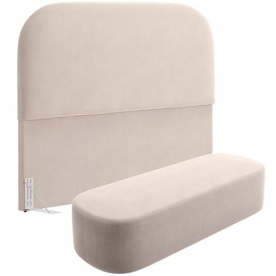 Cabeceira Cama Box Queen 160cm Lanna com Puff Recamier Doha W01 Suede Bege - Lyam Decor