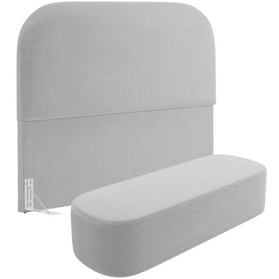 Cabeceira Cama Box King 195cm Lanna com Puff Recamier Doha W01  Bouclê Cinza - Lyam Decor