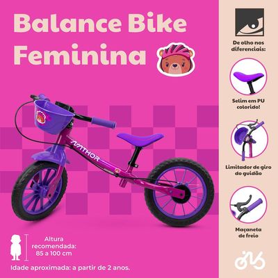 Bicicleta De Equilibrio Infantil Sem Pedal Bike Balance Nathor Feminina Aro 12 Com Banco Ajustável Capacidade Até 21Kg