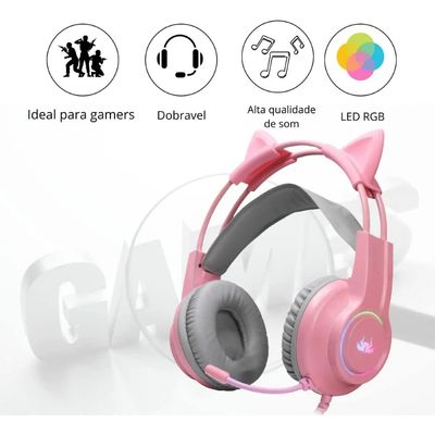 Headset Gamer Fone Gatinho Rosa Com Led RGB P2 Knup KP-GA04