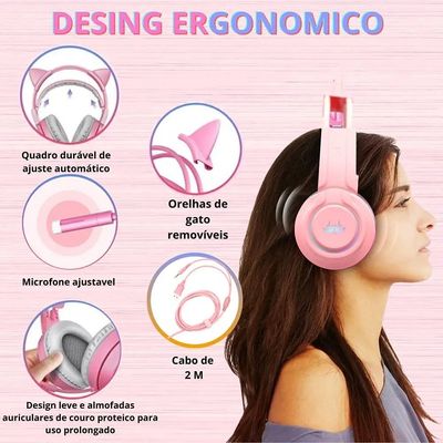 Headset Gamer Fone Gatinho Rosa Com Led RGB P2 Knup KP-GA04