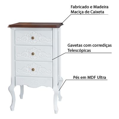 Mesa de Cabeceira Decorativa Zahra 3 Gavetas Branco/Imbuía - Gran Belo