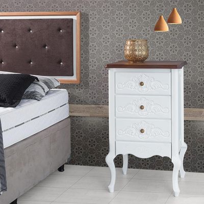 Mesa de Cabeceira Decorativa Zahra 3 Gavetas Branco/Imbuía - Gran Belo