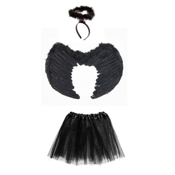 Fantasia Anjo Asa Aureola e Saia Preta Infantil - 3 Peças Fantasia Anjo Asa Aureola e Saia Preta Infantil - 3 Peças