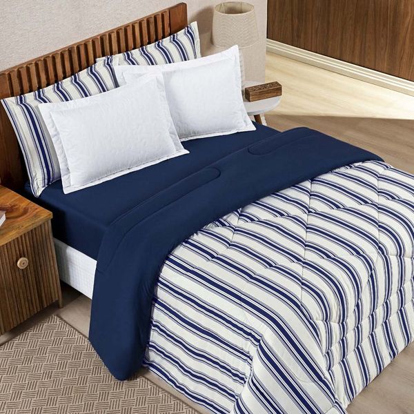 Edredom Cobertor Daily Super King Malha Listrado Dupla Face Fio Penteado - Azul Marinho