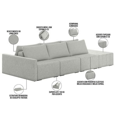 Sofá Ilha Modular para Sala 312cm com Puff Dublin K01 Linho Cinza - Lyam Decor