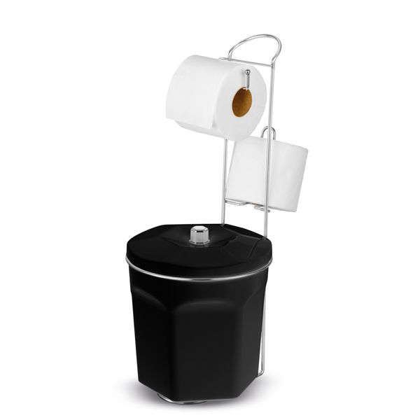 Porta Papel Higiênico com Lixeira Preta 6L Suporte para 2 Rolos Cromado
