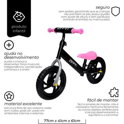 Bicicleta Sem Pedal De Equilibrio Infantil 2 Rodas Zippy Toys Bike De Passeio Para Criança Aro 12 Capacidade 25kg Rosa