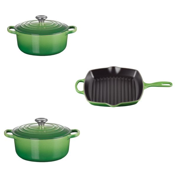 KIT LE CREUSET 2 PANELAS REDONDAS 20 E 24CM GRELHA QUADRADA 26CM EM FERRO ESMALTADO VERDE BAMBU