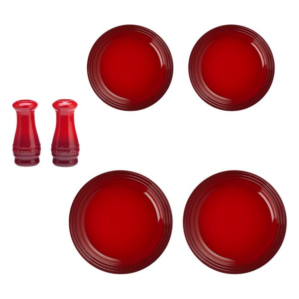 KIT LE CREUSET 4 PRATOS RASOS 22 27CM E SALEIRO E PIMENTEIRO 100ML VERMELHO KIT LE CREUSET 4 PRATOS RASOS 22 27CM E SALEIRO E PIMENTEIRO 100ML VERMELHO