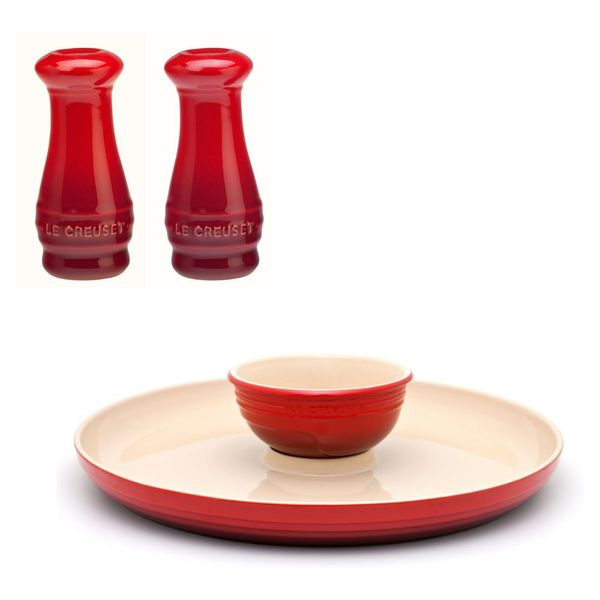 KIT LE CREUSET PRATO PARA APERITIVO SALEIRO E PIMENTEIRO EM CERÂMICA 110ML Branco