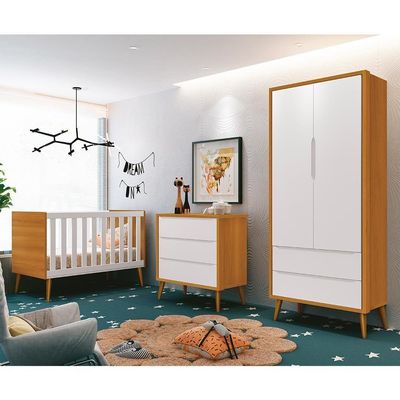 Dormitório Infantil Theo Retrô 2 Portas, Cômoda E Berço Branco/savana Com Pés Amadeirado - Reller Móveis Branco/savana