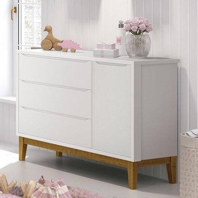 Cômoda Infantil Com Porta E 3 Gavetas Classic Branco Fosco Com Pés Amadeirado - Reller Móveis Branco Fosco