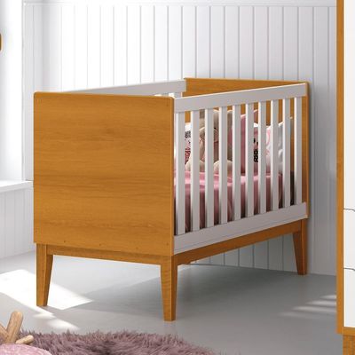 Berço Mini Cama Classic Branco/savana Com Pés Amadeirado - Reller Móveis Branco/savana