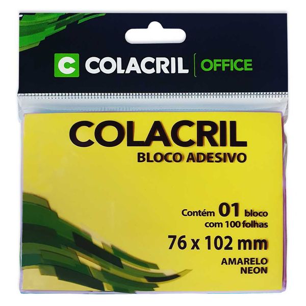 BLOCO DE NOTAS ADESIVAS 76x102MM 100FL AMARELO NEON COLACRIL