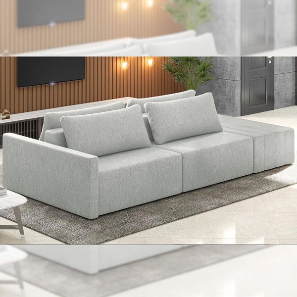 Sofá Ilha Modulado Milos 232cm Puff Lateral Linho Cinza G33 - Gran Belo