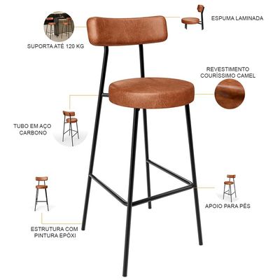 Kit 04 Banquetas Altas Bar Cozinha Sala De Jantar Em Aço Milão L02 Couríssimo Camel - Lyam Decor