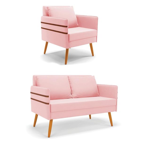Kit 01 Namoradeira 02 Lugares e 01 Poltrona Mari Suede Rosa Bebê Pés Palito Castanho - D'Rossi