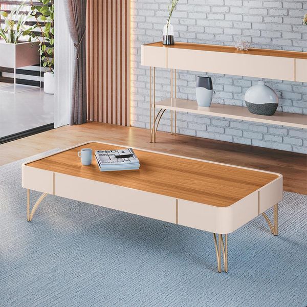 Mesa de Centro Decorativa Rennes MDP/MDF Pés de Aço Off White/Cinamomo G26 - Gran Belo