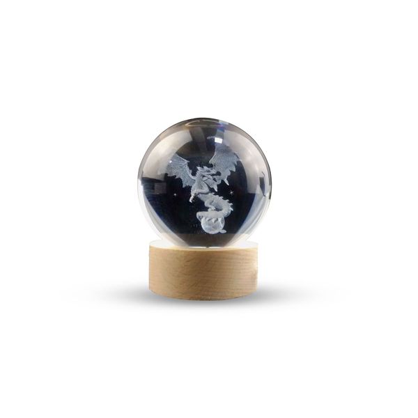 Luminária Abajur Globo Dragão LED USB Enfeite Decorativo Esfera de Vidro 3D Base de Madeira