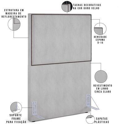 Cabeceira Cama Box Solteiro Com Tachas 100 cm Vicenza L02 Linho Cinza - Lyam Decor