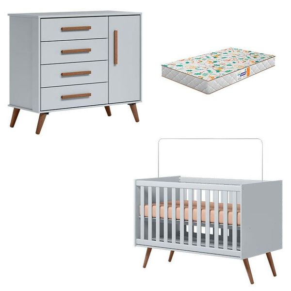 Berço Americano 3820 E Cômoda Infantil 3825 Q Encanto Retrô Cinza Com Colchão Gazin - Qmovi