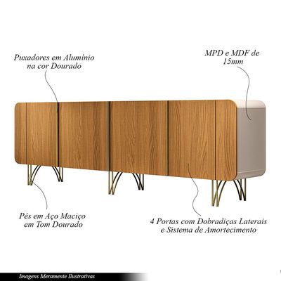 Buffet Decorativo com Puxadores em Alumínio Pés Aço Maciço Virginia Off White/Cinamomo G26 - Gran belo