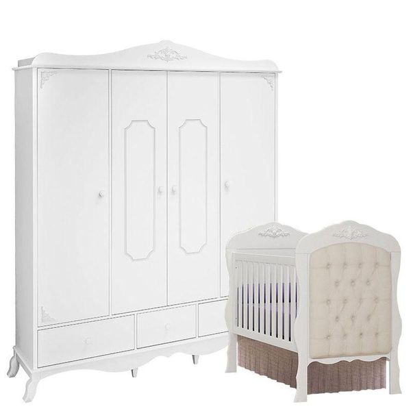 Berço Americano Com Capitonê E Guarda Roupa Infantil Realeza 4 Portas Branco Acetinado - Canaã