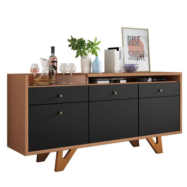 Buffet Aparador Decorativo Noeli Com Bandeja Lateral Estilo Bar Preto / Nature - Gran Belo