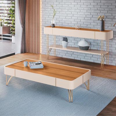 Conjunto Home c/LED, Aparador e Mesa de Centro Rennes MDF/MDP Cinamomo/Off White G26 - Gran Belo