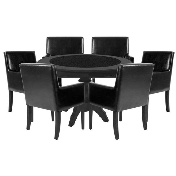 Mesa de Jogos Carteado Montreal Redonda Tampo Reversível Preto 6 Cadeiras PU Preto Liso - Gran Belo Mesa de Jogos Carteado Montreal Redonda Tampo Reversível Preto 6 Cadeiras PU Preto Liso - Gran Belo