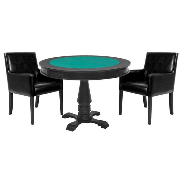 Mesa de Jogos Carteado Victoria Tampo Reversível Preto com 2 Cadeiras Liverpool PU Preto Liso